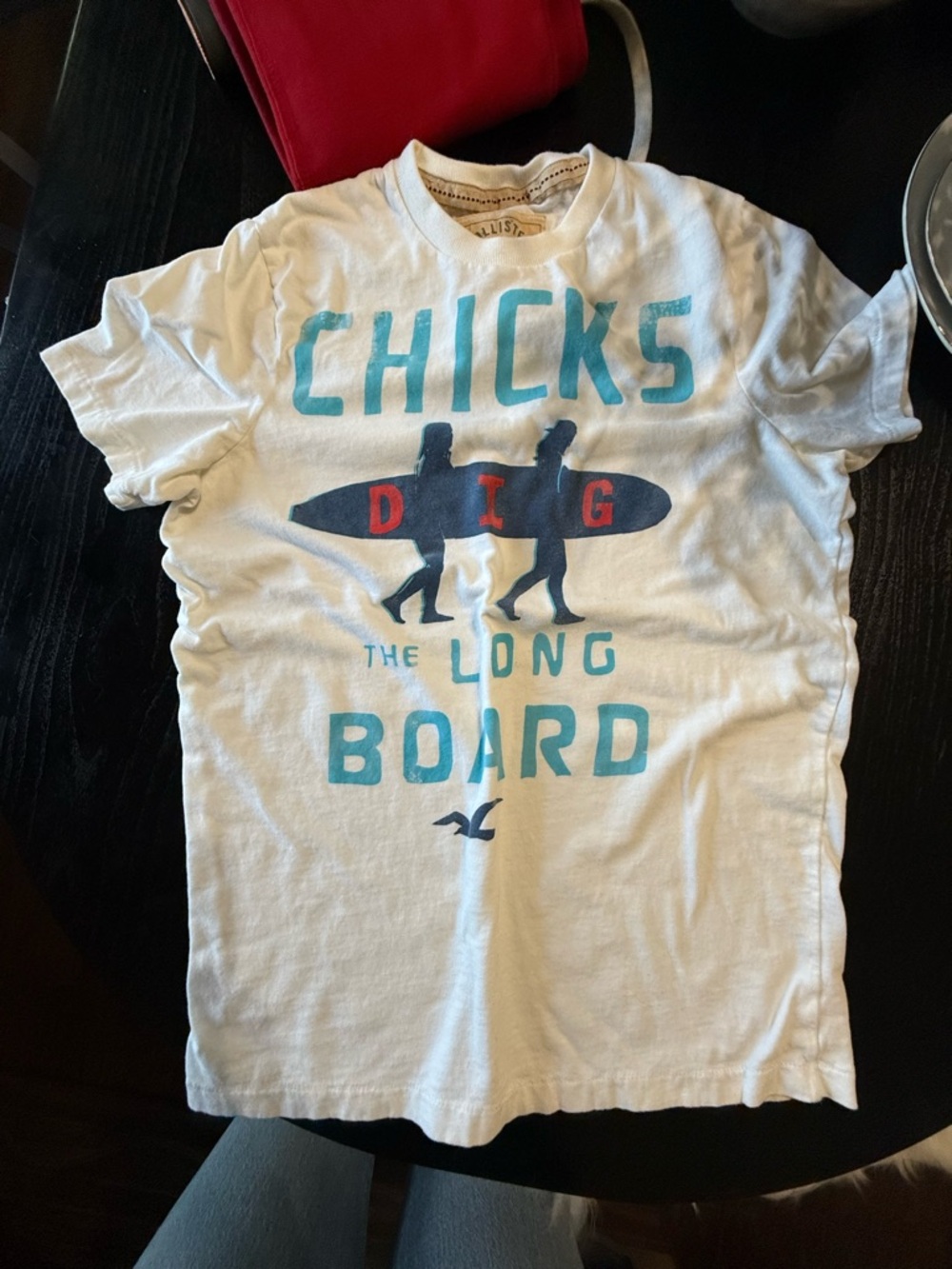 Y2K Hollister White Short Sleeve Graphic Surf Tee with Turquoise & Navy
